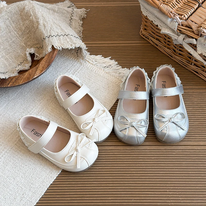 

Spring Girl's Princess Shoes Lace Bowknot Sewing Sweet Kid's Flat Shoe Beige Silver Anti-slip Exquisite Chic Children Shoes