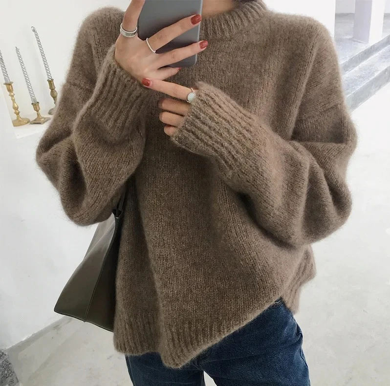 

Осень/зима, новый однотонный вязаный свитер, женский винтажный свободный крой, внутренний пуловер, простой стиль, круглый вырез, верх