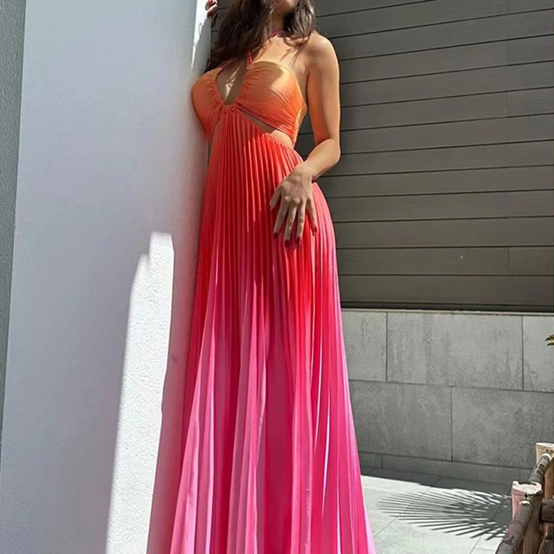 OMSJ 2024 Summer Gradient Color Vacation Beach Flowing Big Swing Maxi Dresses For Women Cutout Off Waist Laceing Pleated Sundress