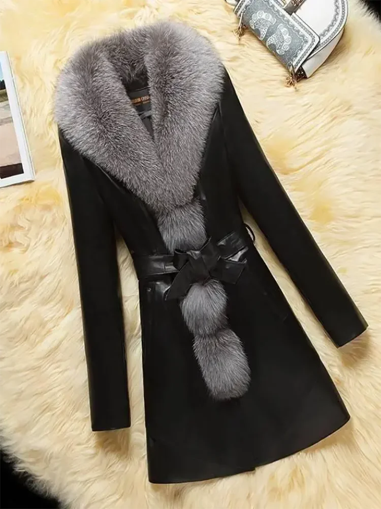 Giacca in pelle PU soprabito da donna coreano sottile di media lunghezza imitazione collo di pelliccia di volpe cappotto di pelliccia nuovi cappotti di pelle autunno inverno