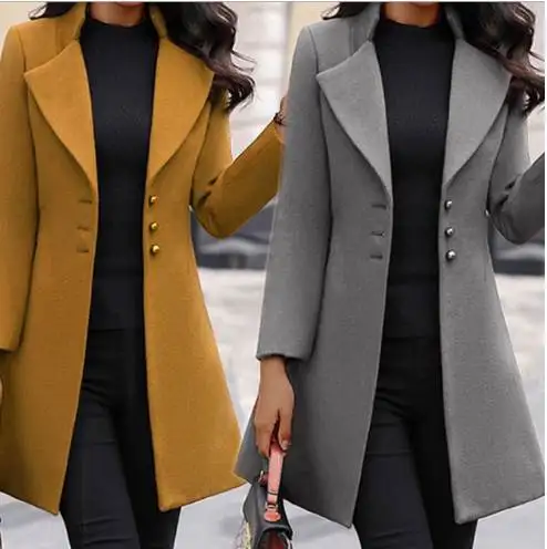 

S3XL Women's Woolen Suit Overcoat for Fall And Winter Large Size Ladies' Street Sle Pure Color Long Sve Single Button