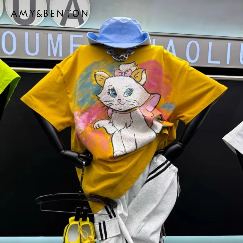 

2025 Spring Summer New Y2k Painted Graffiti Cartoon Cat Short-sleeved T-shirt Women's Loose Design Top T-shirts O-neck Pullovers
