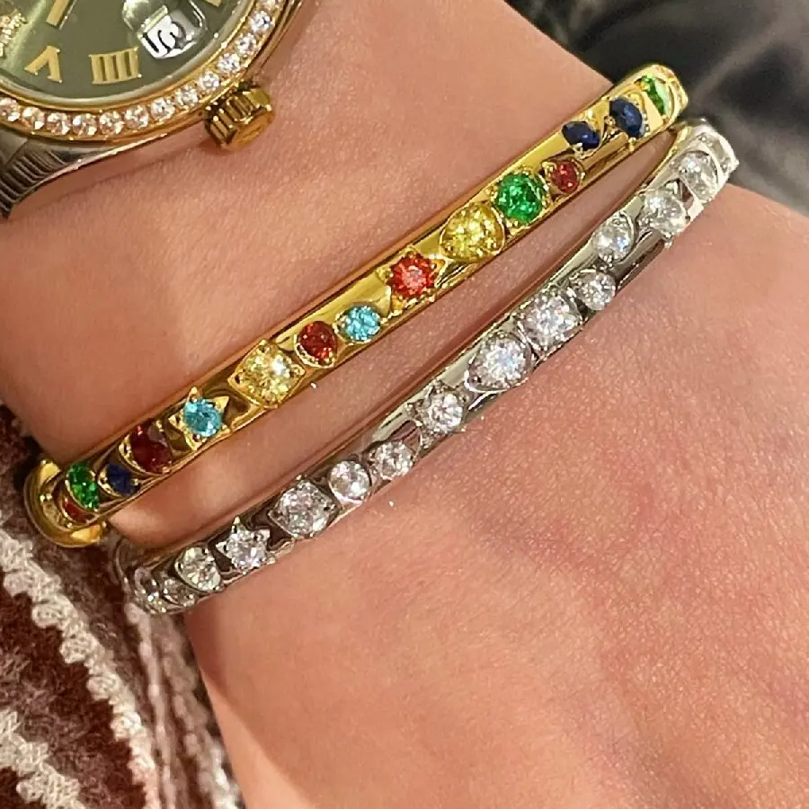 KQDANCE 925 Sterling Silver Gold-plated Vintage Colorful Candy Gems Fashion Open Bangle Design High-end Light Luxury Jewelry