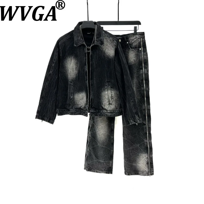 

WVGA, осенне-зимний новый мужской модный джинсовый комплект из двух предметов, короткое пальто с отложным воротником, нишевые шикарные повседневные прямые брюки W14070