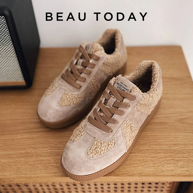 BeauToday Warm Winter Sneakers Female Casual Shoes Patchwork Round Toe Slip on shoes Pigskin Lace-Up Ladies Handmade 29823