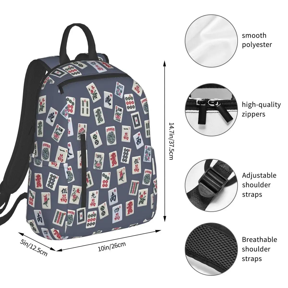 Mahjongg Game Tiles Design On Blue Color Backpack Student BookBag Boys Girls School Bag Laptop Shoulder Bags Men Women