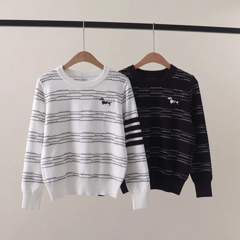 

Round neck knitted base sweater, knitted sweater for women in autumn,wave striped embroidery round neck pullover,