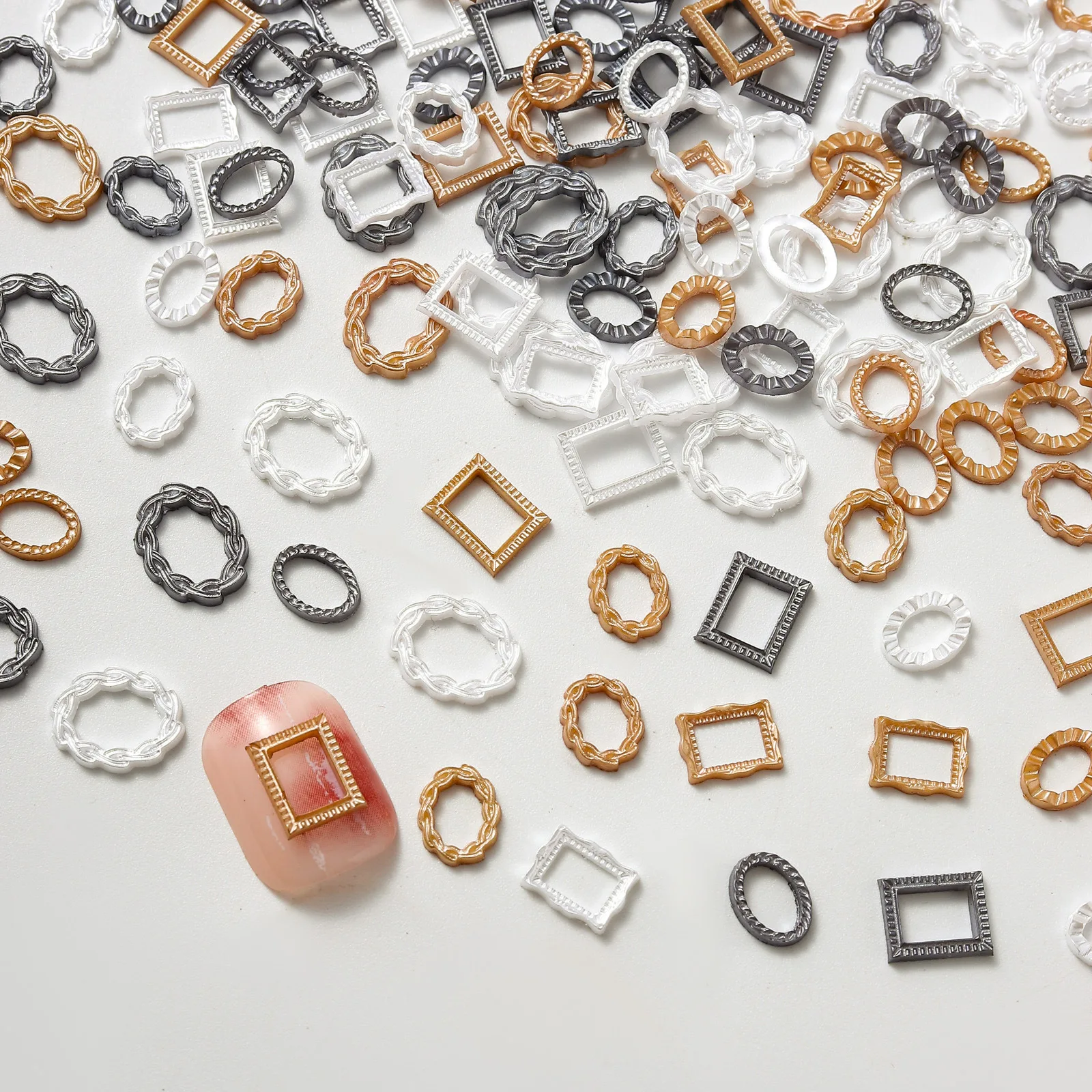 

20pcs French Retro Hollow Small Photo Frame Nail Charms Mix Shapes Resin Nail Accessories DIY Nail Art Diamond Decoration Parts