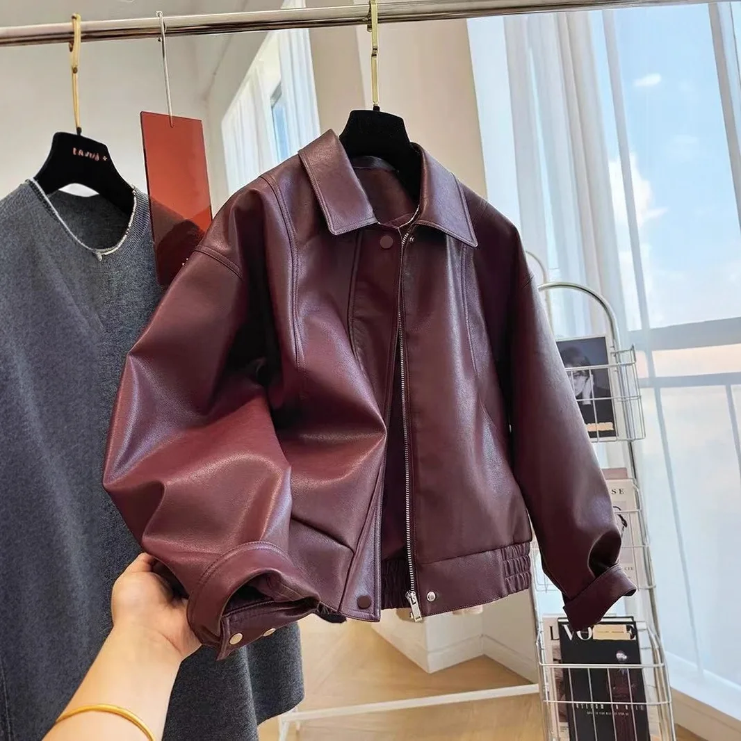 Faux Leather Women Coats Solid Jacket Turn Down Collar Long Sleeves Zippper Loose Fit Moto Casual Streetwear 2025 Autumn Winter