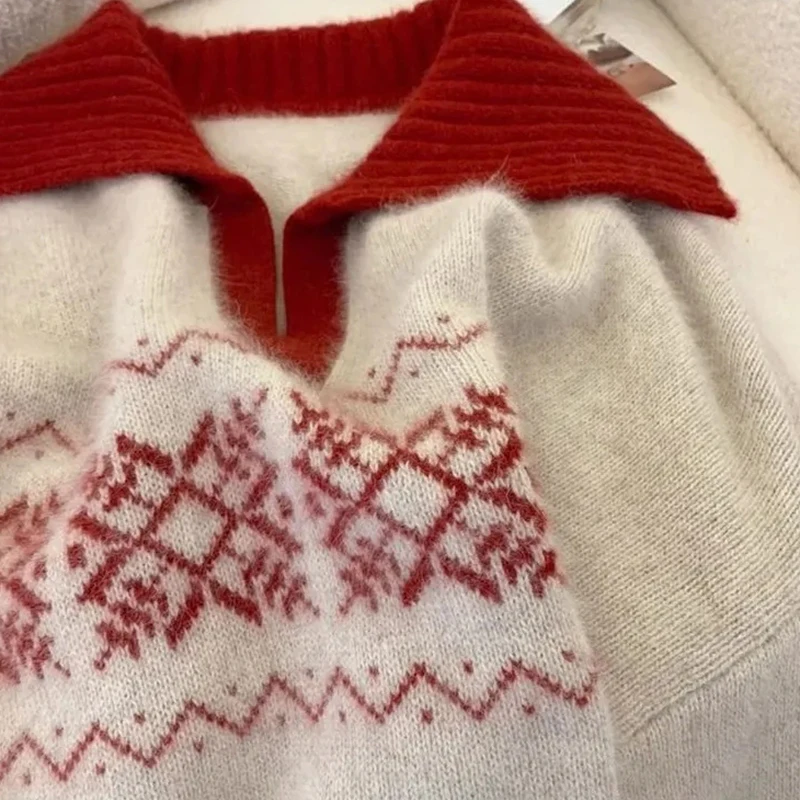 ジャカード甘いクリスマスレッドセーター女性韓国ヴィンテージクラシック長袖プルオーバー長袖シックなフェイクミンクフリーストップ