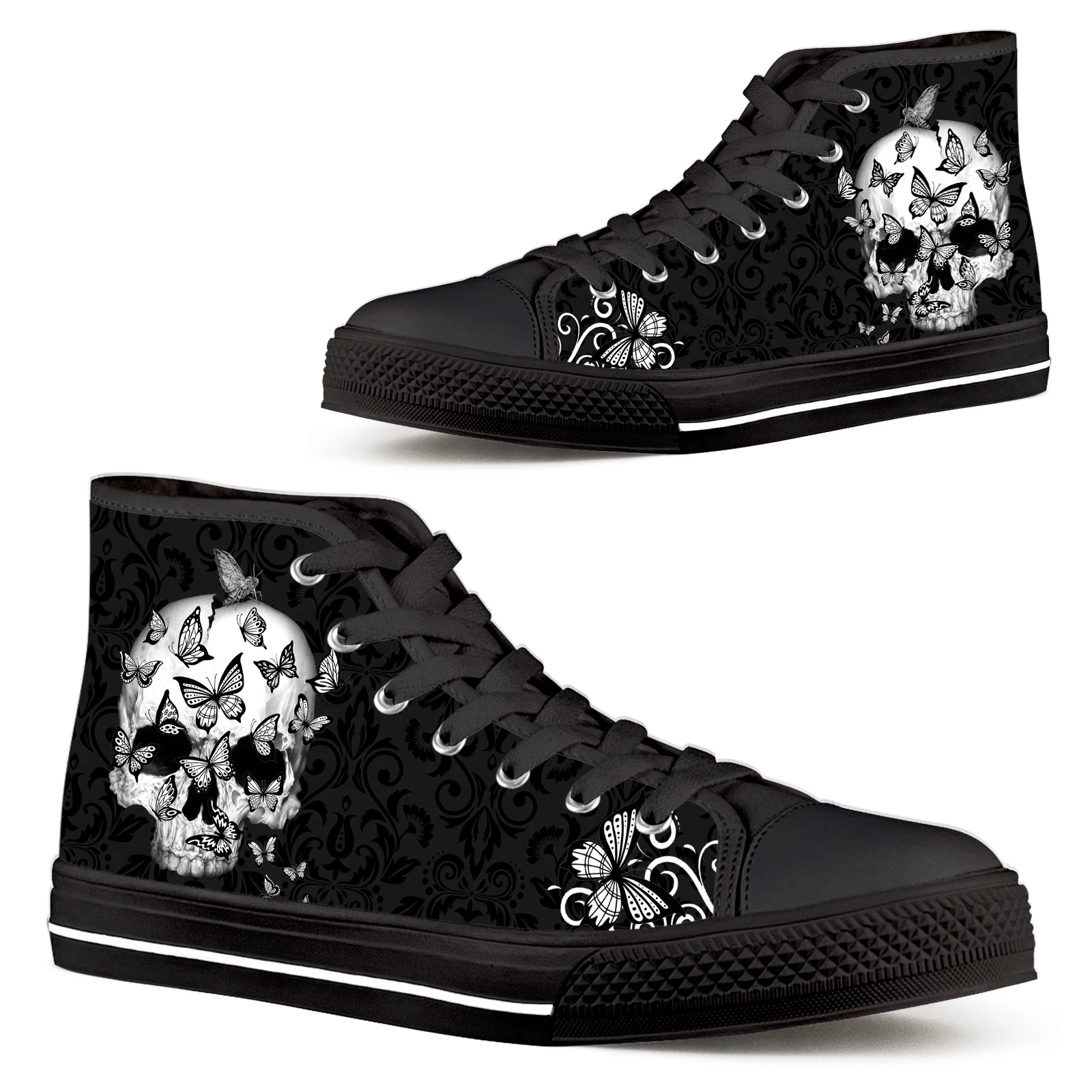 

ELVISWORDS Women's Vulcanize Shoes Classic Female High Top Canvas Shoes Funny Butterfly Punk Skull Pattern Ladies Lacing Shoes