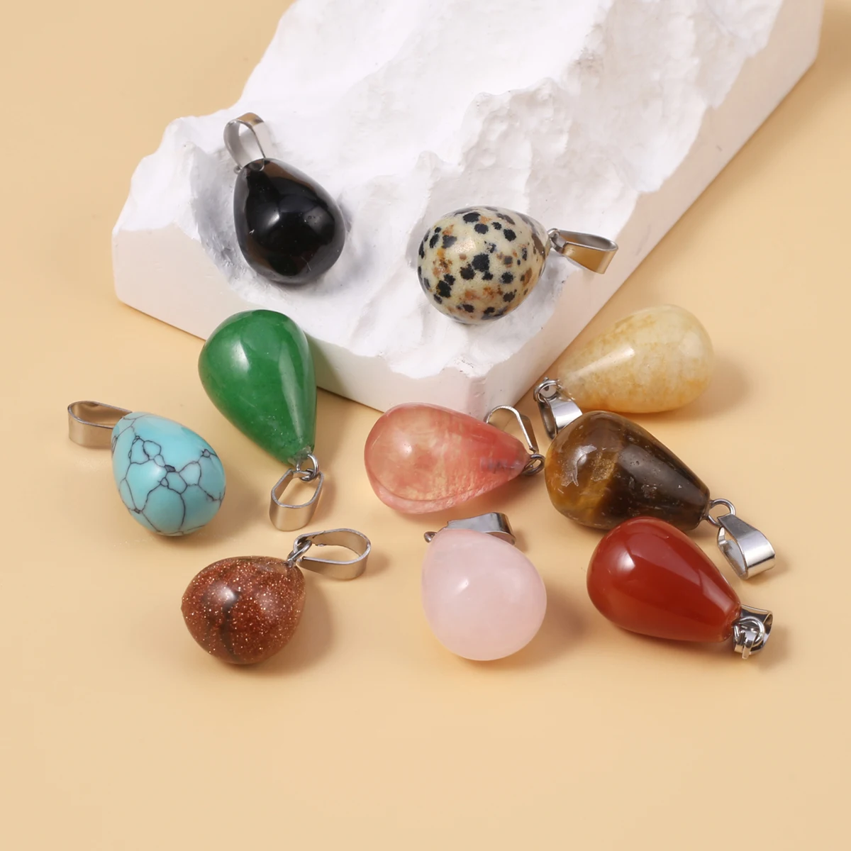 

10 PCS Natural Stone Circular Water Droplet Shape Pendant DIY Jewelry Making Necklace Earrings Accessories Charm Gift 1.3x2cm