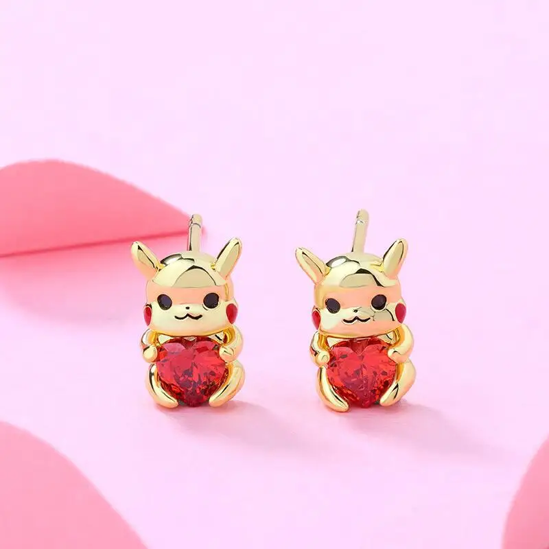 Pokemon Pikachu Red Crystal Necklace and earrings Creative Yellow Gold Love Stone necklace earrings ladies holiday gift