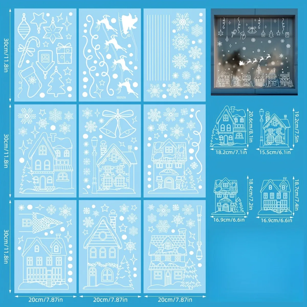 9 أوراق (185 قطعة) ملصقات نافذة عيد الميلاد - شارات تتشبث ثابتة من مادة PVC، ديكور عطلة احتفالي مع رقاقات الثلج، النجوم، العطلات #1
