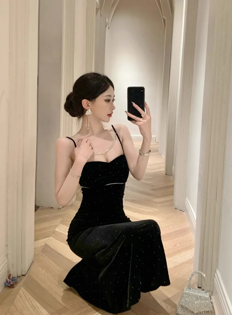 Ezgaga Sexy Mermaid Dresses Women Velvet Sleeveless V Neck Backless French Style Chic Party Temperament Elegant Dress Ladies