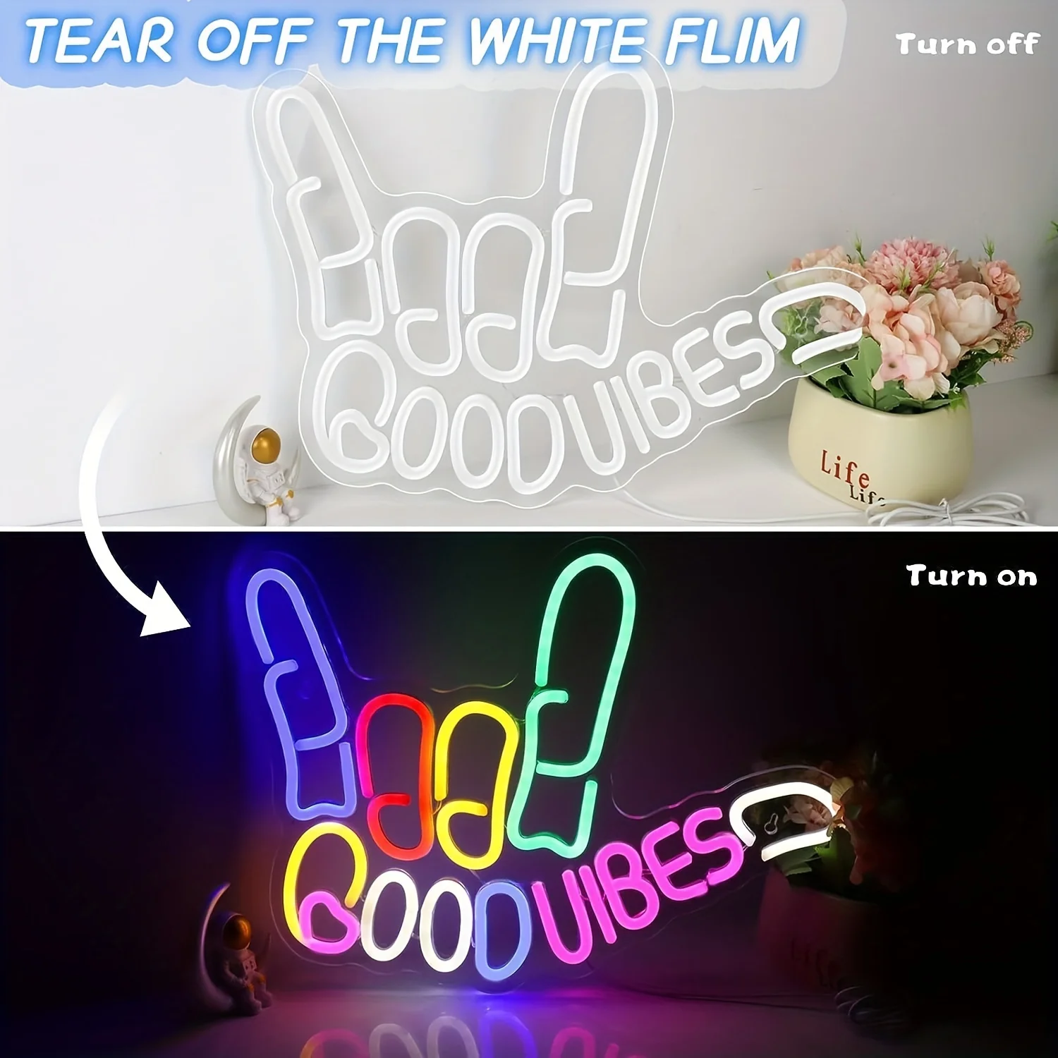 Imagem -04 - Boas Vibrações Neon Sign Light Sinais de Néon com Apenas Mão Led Wall Decor Coisa Legal Quarto Sala de Jogos Iluminar