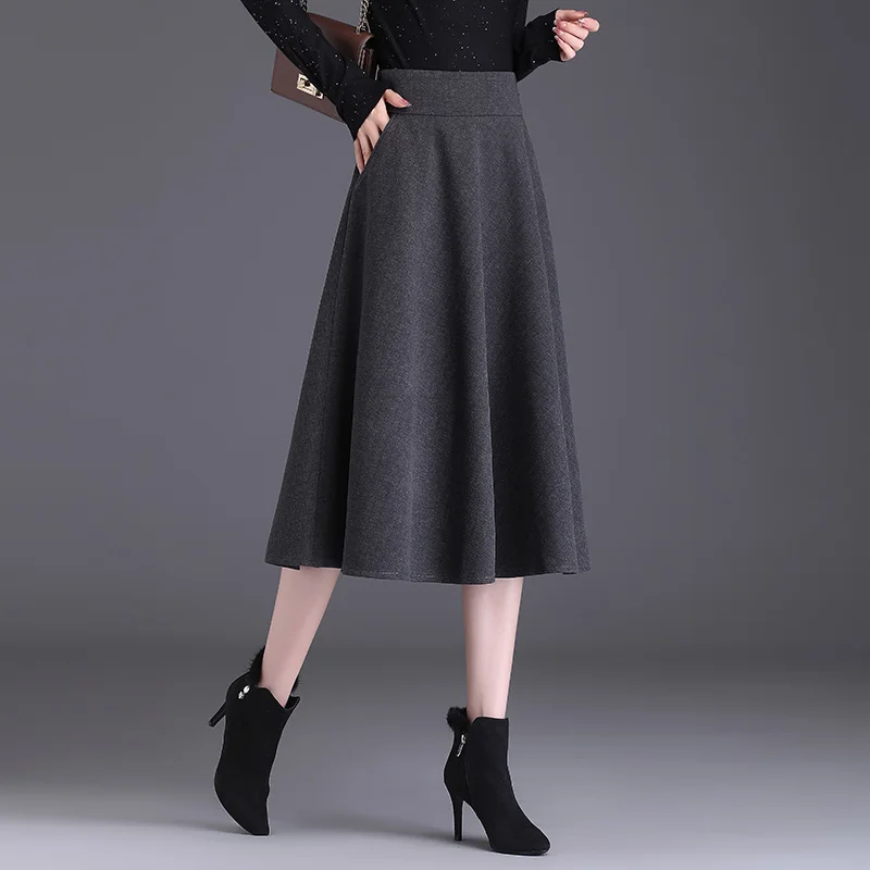 Womens autumn/winter black/coffee/gray pleated skirt fashion high waist ladies S L XL XXL 3XL size female mid-calf skirt