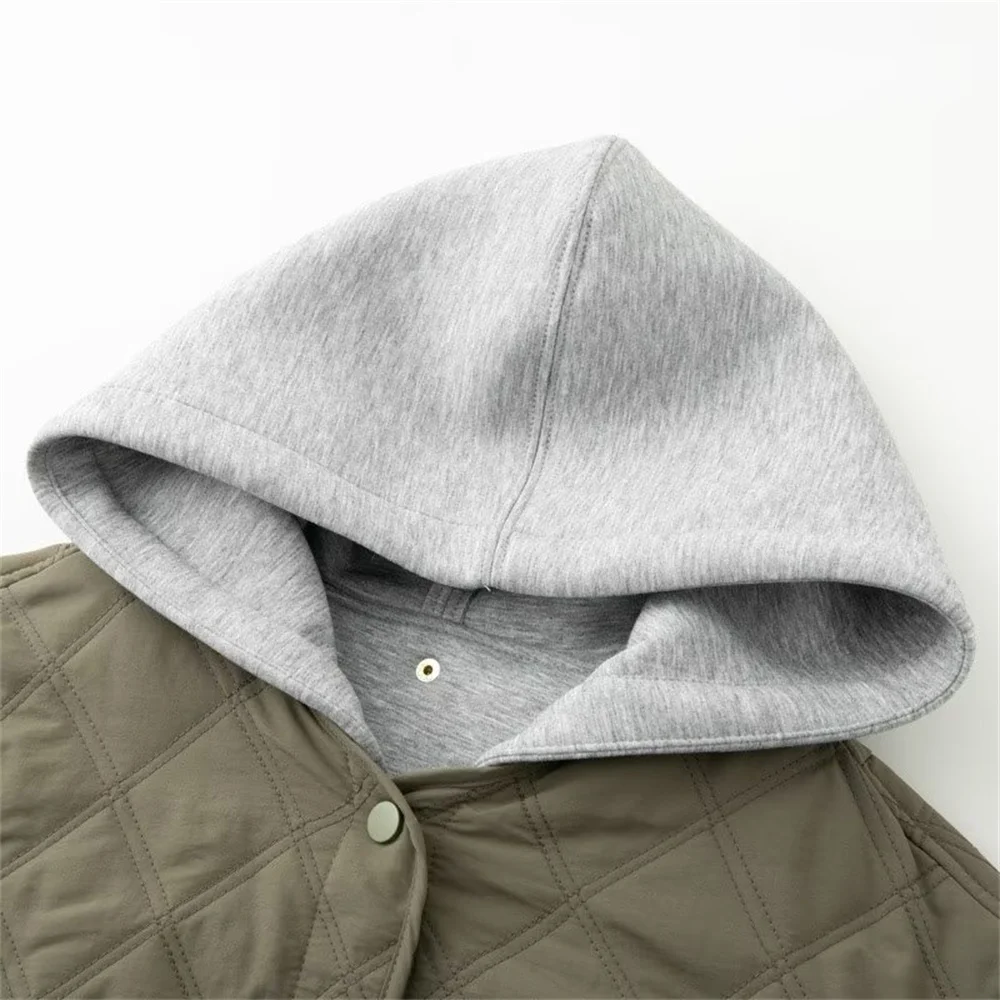 Chaqueta de algodón de manga larga con cuello redondo y capucha desmontable, versátil e informal para mujer