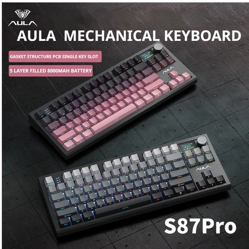 Teclado mecánico AULA S87 PRO, retroiluminación RGB personalizada, teclado inalámbrico para juegos Bluetooth con perilla de pantalla, junta de intercambio en caliente