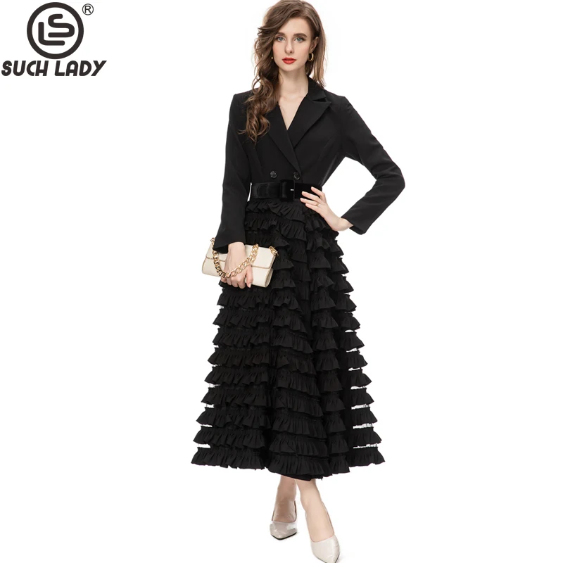 

Women's Runway Dresses Notched Collar Long Sleeves Tiered Ruffles Patchwork Elegant Party Prom Vestidos