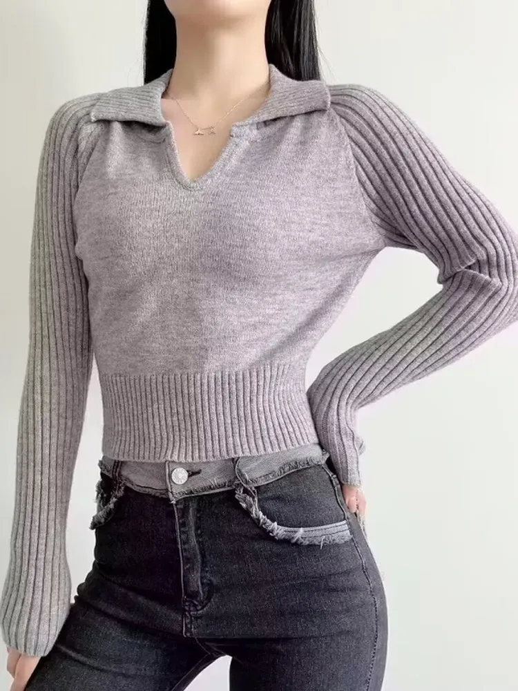 

Женский облегающий вязаный свитер с длинным рукавом и V-образным вырезом, модный базовый топ для повседневной носки, разноцветный, весна-осень