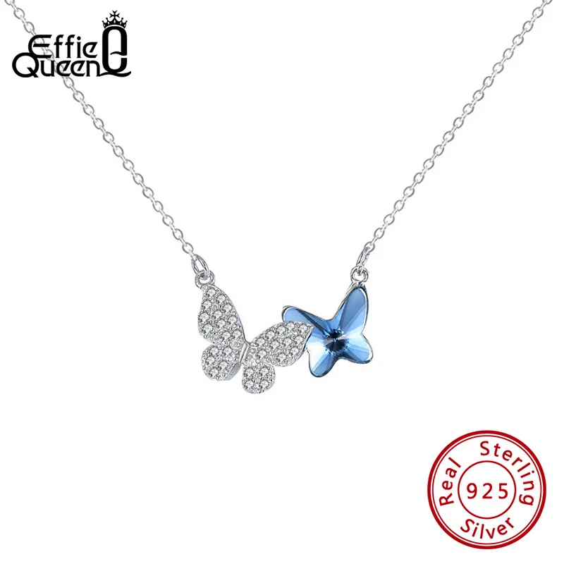 EFFIE QUEEN Butterfly Pendant Necklace 925 Sterling Silver Blue Sparkling Crystal With AAAA Cubic Zirconia Full Paved Gift SWN03