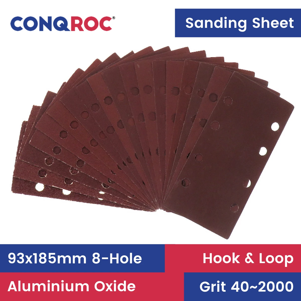 93x185mm 8-Hole Sanding Strips Aluminum Oxide Sanding Sheets Hook and Loop 50-Piece Grit P24~2000
