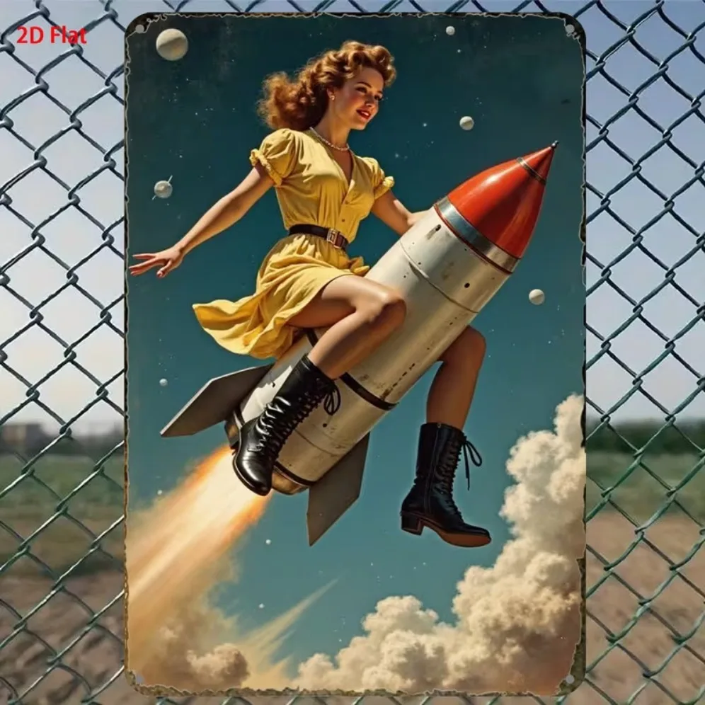 Vintage Pin-Up Girl on Rocket Metal Sign, Retro Sci-Fi Space Wall Art