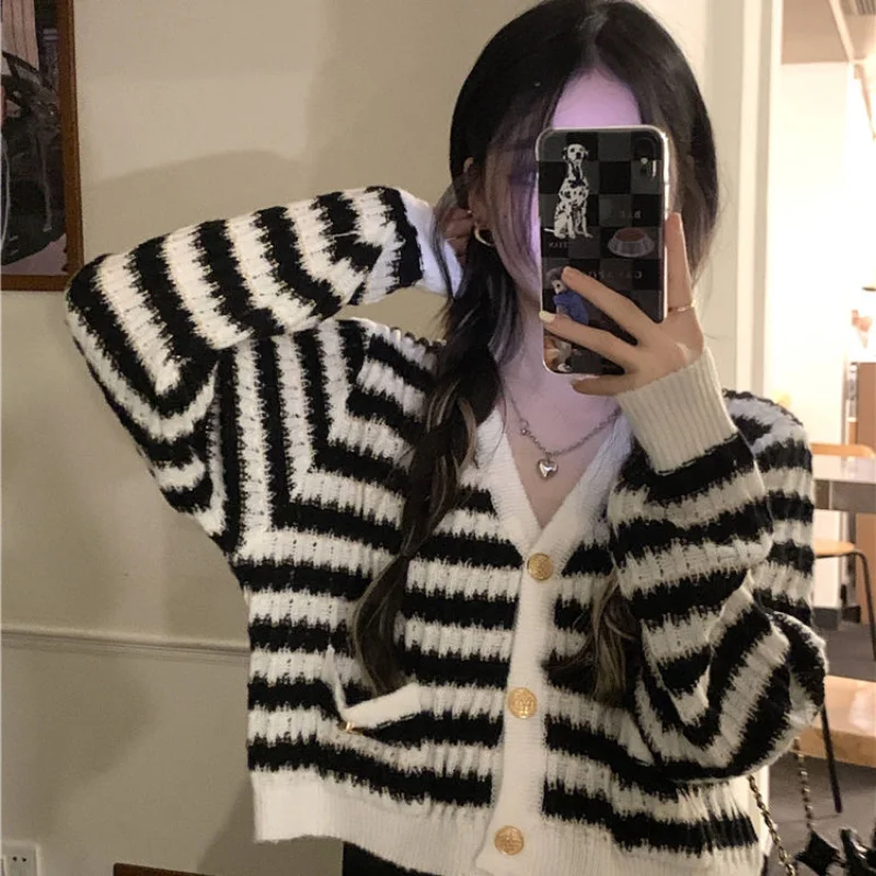 Cardigan Women Korean Style All-match Knitting Sweater Autumn New Arrival Striped Vintage Long Sleeve Daily Harajuku Students