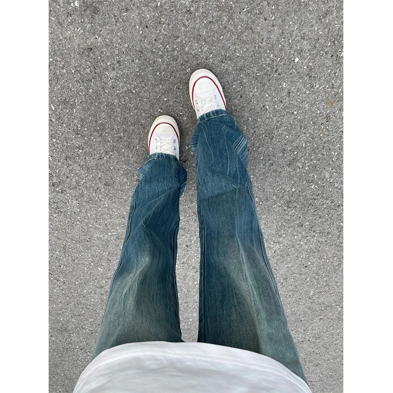 

Light Blue Lightning Pattern Men's Jeans Summer Waed Vintage Straight Leggings High Street Micro Flared Denim Pants