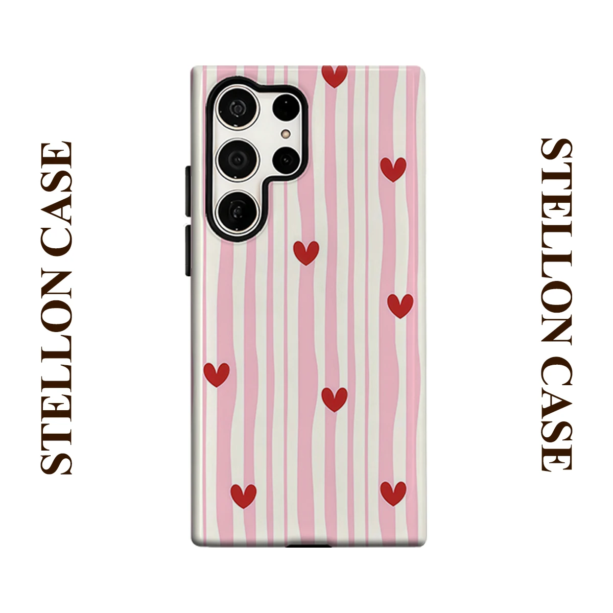 Pink Wavy Stripe Red Heart Phone Case for Samsung Galaxy S26 S25 Ultra S24 S23 Ultra Plus Glossy Double-layer Back Cover