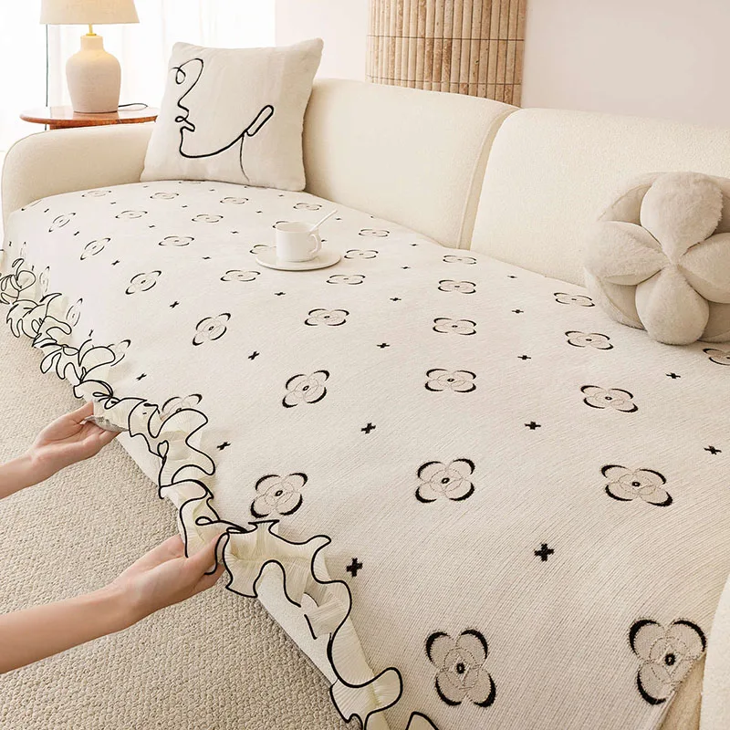 French Chenille Printed Sofa Cushion with Skirt Wear-Resistant Anti-Scratch Couch Covers Dust-Proof Non-Slip Mat for All Seasons