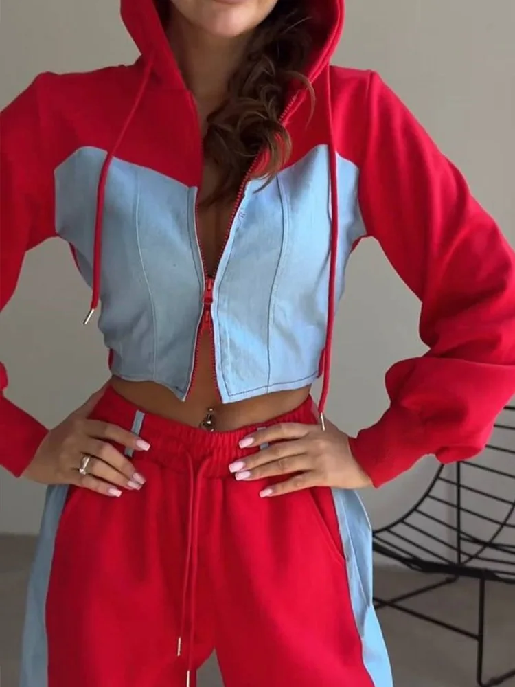 Women's Sports Two Piece Colour Blocking Fashion Suit Sexy Waistless Hooded Clashing Cardigan Sweatpants Matching Sets