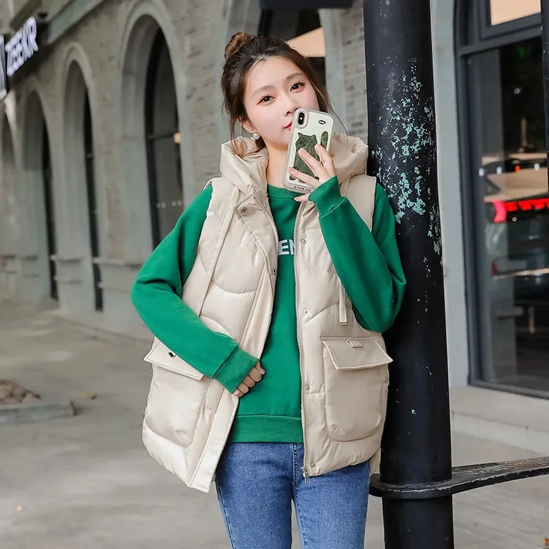 Women Long Loose Puffer Vest Quilted Hooded Fall Winter Fashion Lightweight Padded Down Cotton Vests Female Oversized Warm Gilet