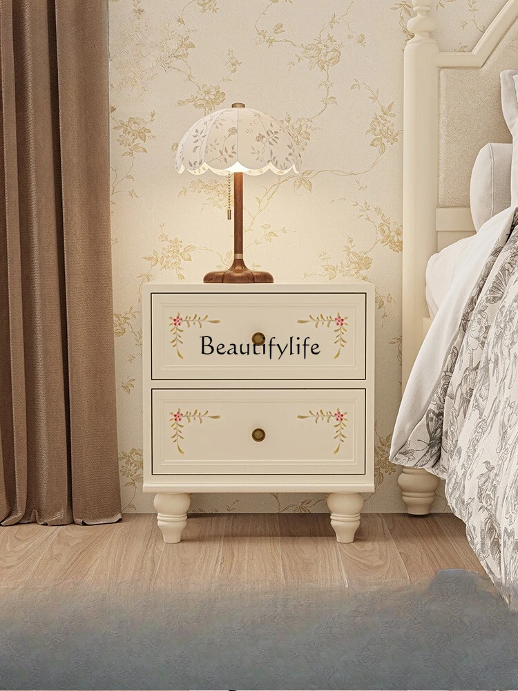 

Cream bedside table bedroom American painted solid wood French edge few