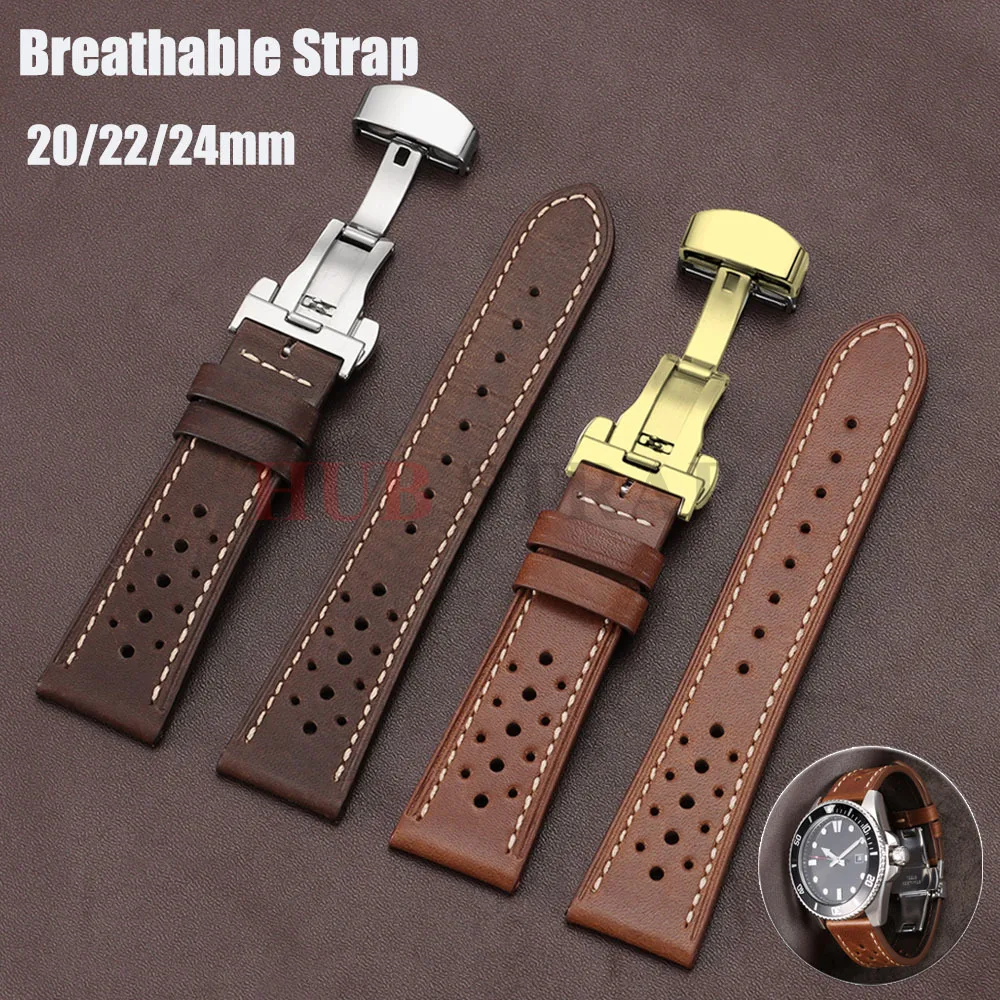 Hochwertige, atmungsaktive Echtleder-Uhrenarmbänder, 20 mm, 22 mm, 24 mm, Smart-Uhrenarmband, braun, rot, schwarz, grün, Rindsleder-Band-Zubehör