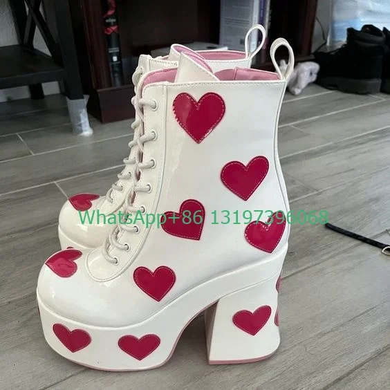 Lady love heart print design ankle boots chunky heel lace-up PU dress boots summerplatform boots color white ankle boot size 46