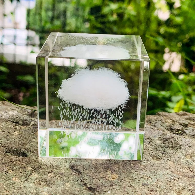 Laser Engraving Dark Clouds Rain Weather Geometry Cube Glass Crystal Crafts Sun Catcher Desk Paperweight Display Stand Figurine