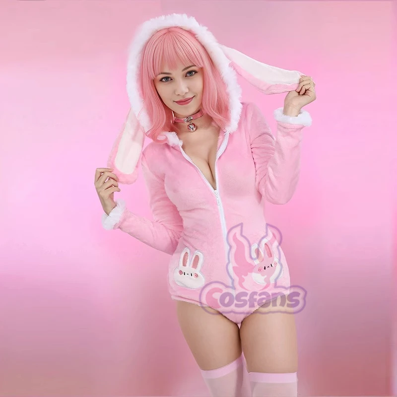 Cosfans Women's Cute Bunny Furry Bodycon Romper Kawaii Pink Rabbit Bodysuit with Choker Tail and Stocks Cosplay Costumes