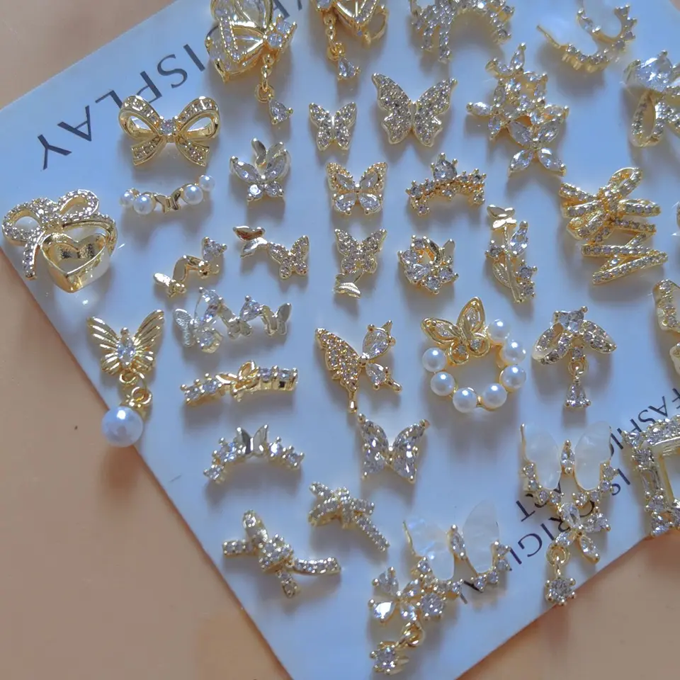10 piezas por lote, dijes de metal con mariposa dorada y lazo de circonio, decoraciones de lujo para uñas, accesorios y partes 3
