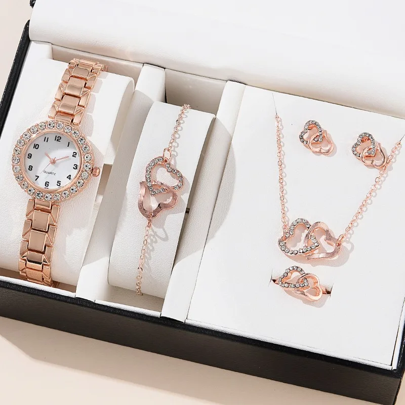 6pcs Women Watch Fashion Luxury Crystal Ladies Quartz Wristwatch WOMEN'S Watch and Bracelet Necklace Ring Earrings Accessory Set