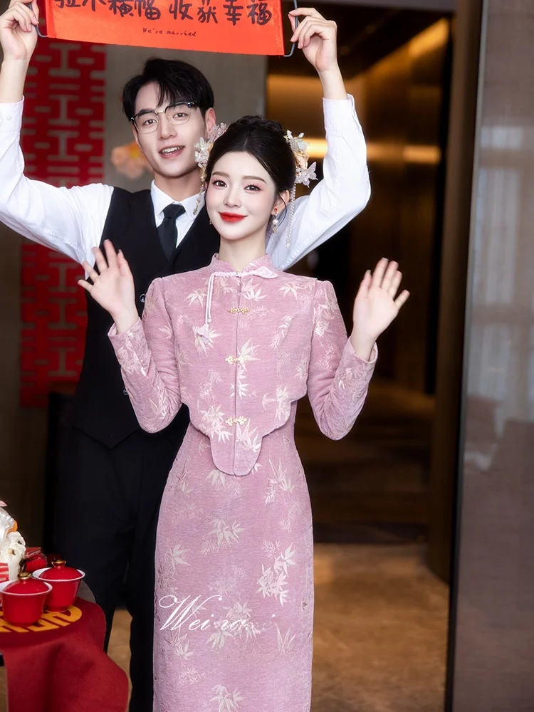 

Новый китайский шерстяной костюм с длинными рукавами для женщин: наряд для помолвки, свадьбы и возвращения домой