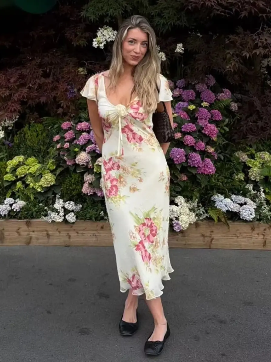 Female 100% Silk Long Dress Floral Printed Short Sleeve V-Neck High Waist Casual Ladies Robe view 2
