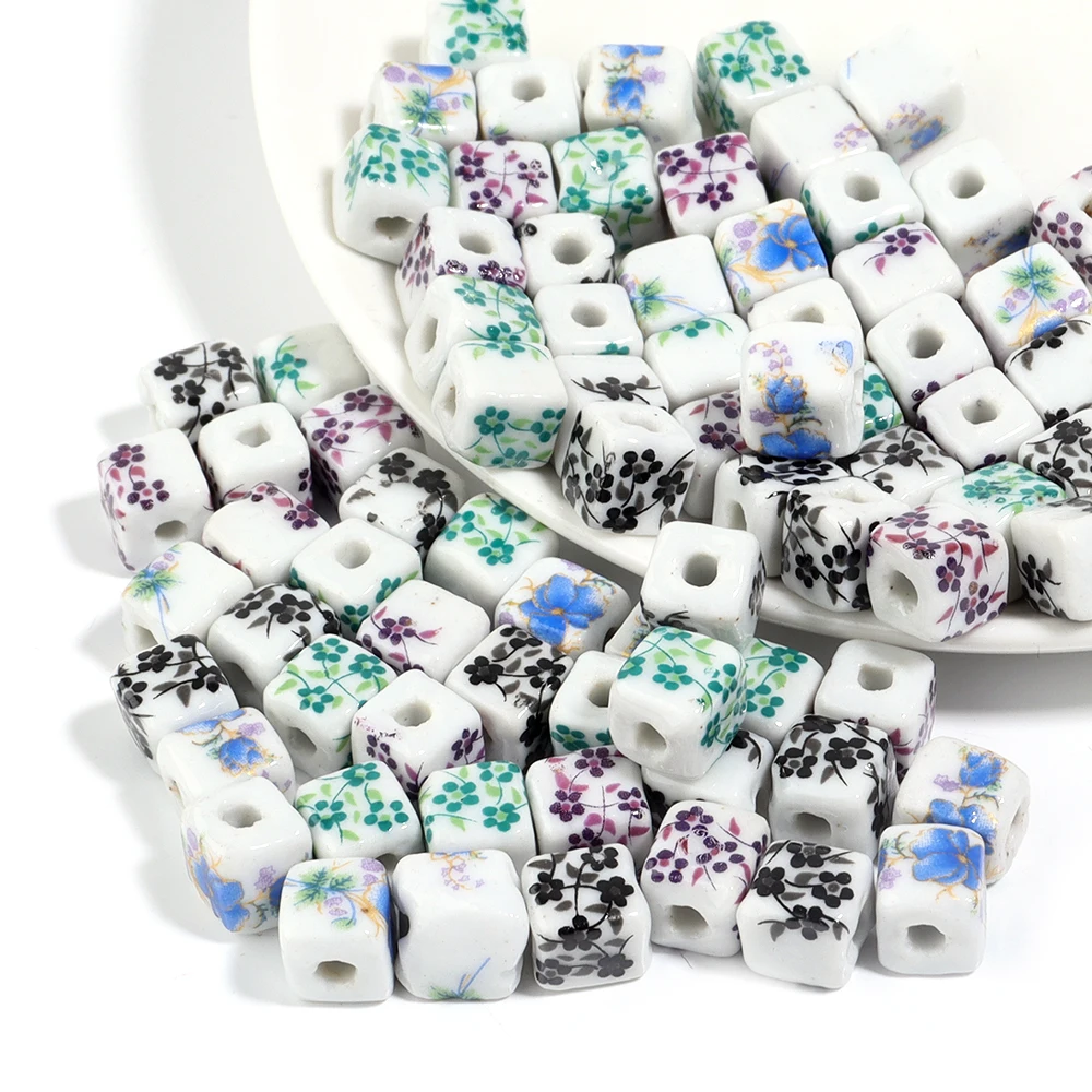 

20pcs/lot Square Flower Patterns Ceramic Beads Cube Jingdezhen Porcelain Loose Beads For Jewelry Making DIY Bracelet Findings