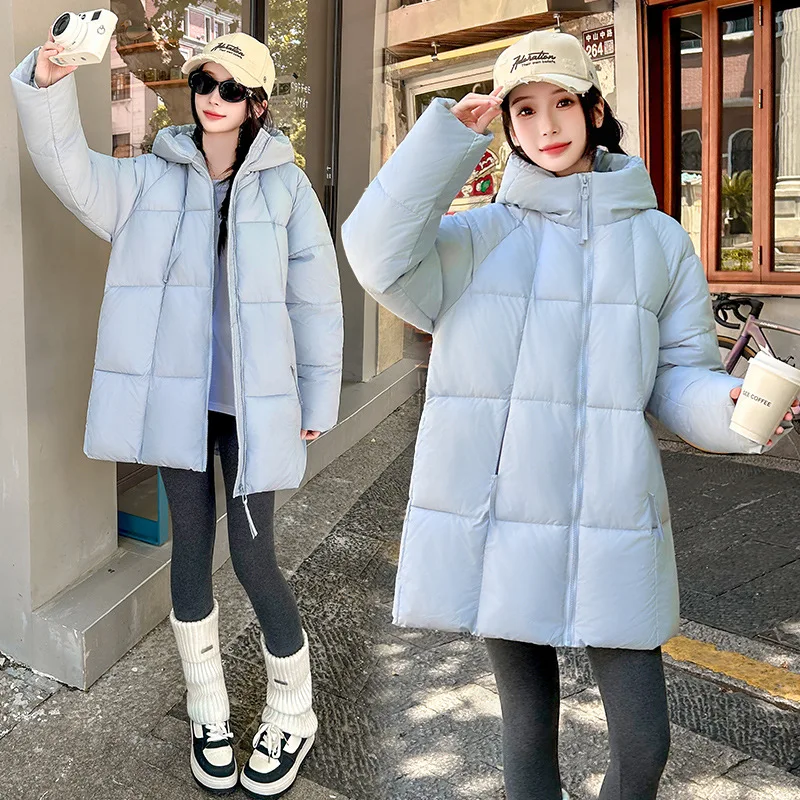 

Lightweight Women Winter Puff Jacket Geometric Print Zipper Hooded Thickened Padded Coat For Lady Versatile Female Loose Jakcet