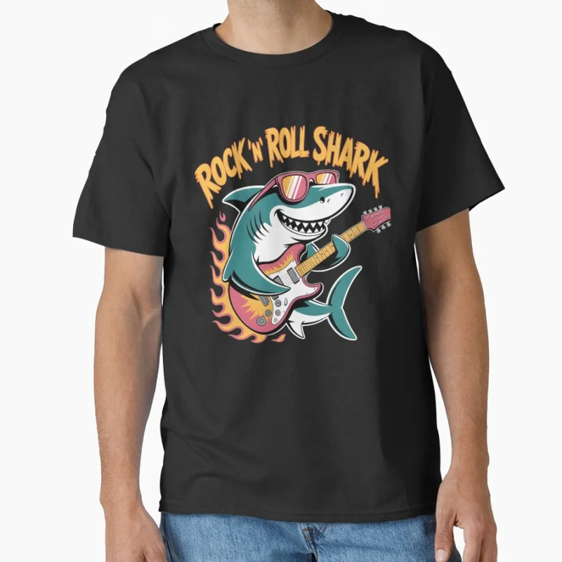

Funny Shark Playing Guitar Ahhh Time to Relax Summer humor gift T shirt for men Large size Tops S-6XL mens clothing