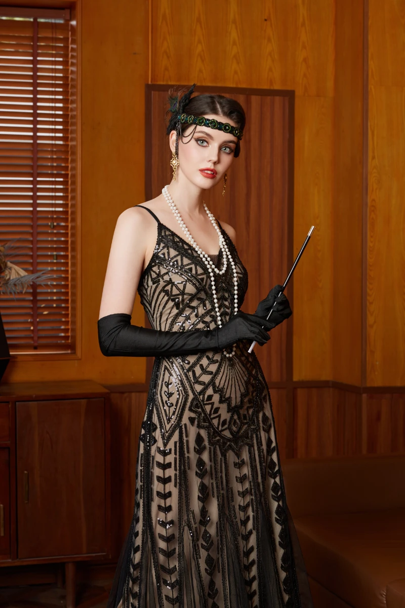 فستان ماكسي بحزام سباغيتي مزين بالترتر من غاتسبي - فستان رسمي مطرز باللون الأسود للحفلات المسائية #3