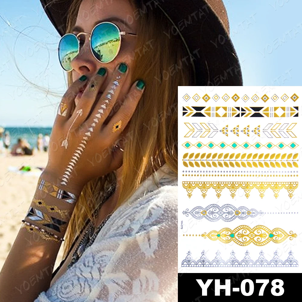 Waterproof Temporary Tattoo Sticker Chain Bracelet Henna Gold Silver Metallic Flash Tatoo Boho Party Jewelry Glitter Body Art