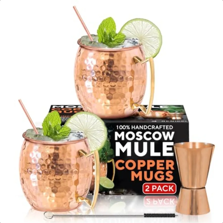 

Benicci Moscow Mule Copper Mugs Set of 2 100 HANDCRAFTED Food Safe Pure Copper Solid Mugs 16 oz Gift Set with Premium Quality C