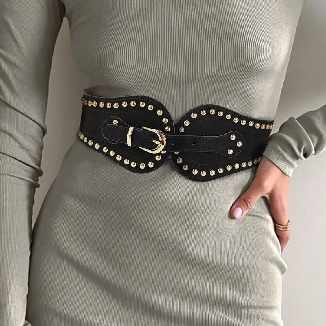 Cintura elastica regolabile in stile occidentale con rivetti in pelle scamosciata alla moda da donna